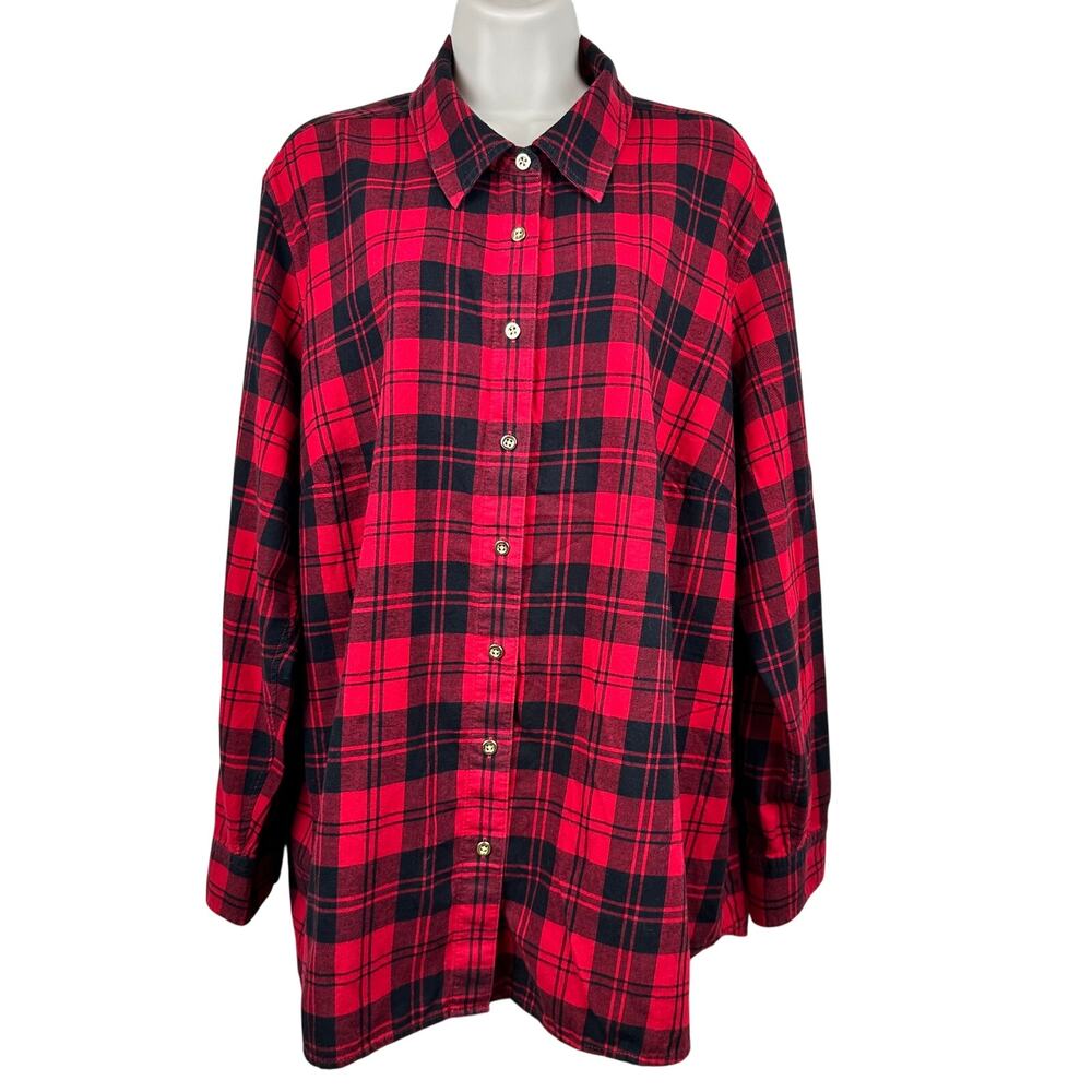 Talbots Flannel Blouse Top Button Front Plaid Cotton Red Black 2X Classic Casual